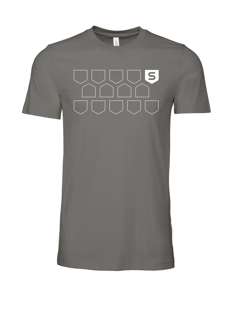 dark grey shirt with white open multi-shield design with S shield
