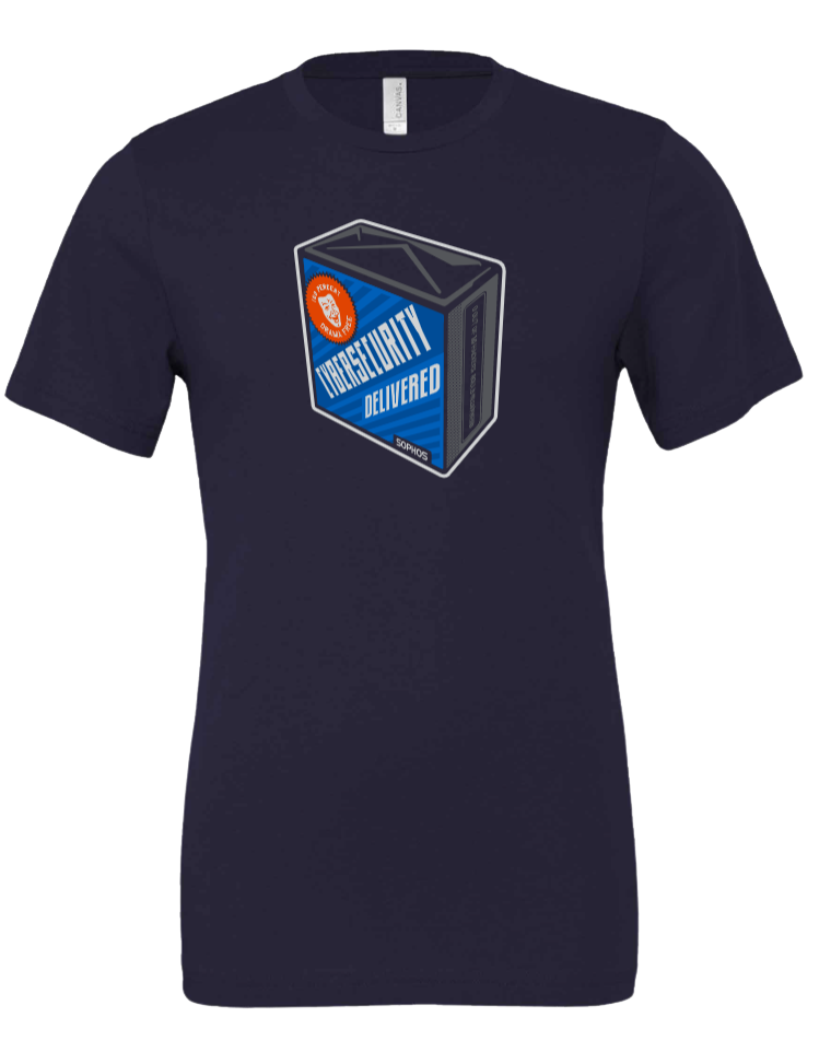 navy shirt with "drama free cybersecurity delivered" text on box design on chest