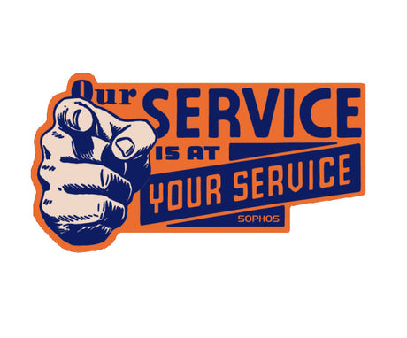 orange laptop sticker with finger pointing out design and "our service is at your service" text