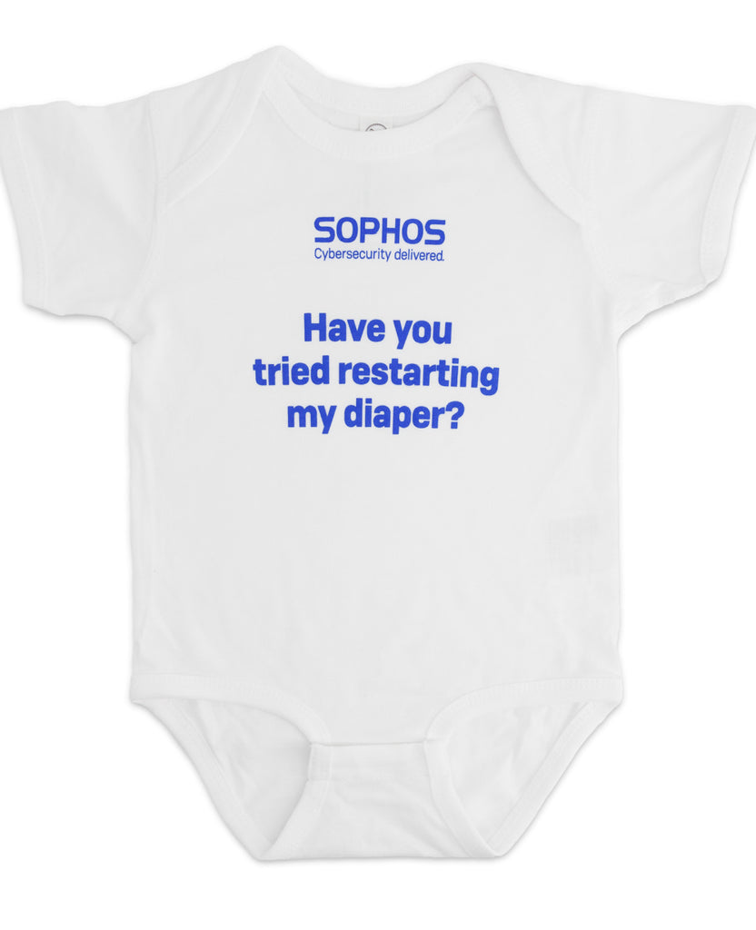 white baby onesie with blue "have you tried restarting my diaper?" text and sophos logo on front