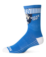 blue socks with karate kids's Mr Miyagi face and "socks on socks off" text