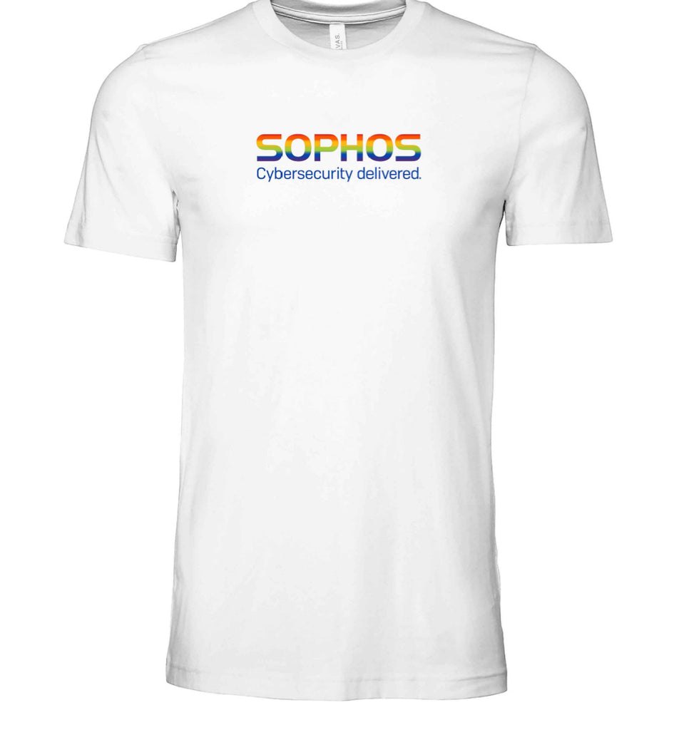white shirt with Sophos rainbow color logo