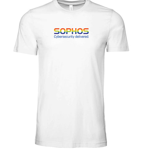 white shirt with Sophos rainbow color logo