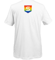 white shirt with Sophos rainbow color S shield logo