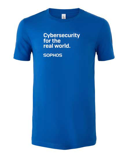 blue sophos shirt with "cybersecurity for the real world" and sophos logo white text on chest
