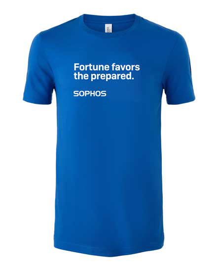blue sophos shirt with "fortune favors the prepared" and sophos logo white text on chest