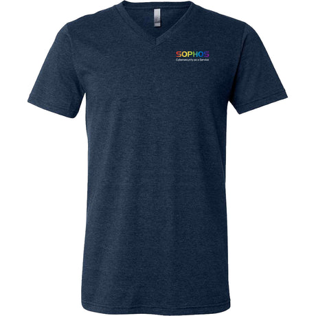 heather navy v neck shirt with small rainbow color Sophos logo on upper left chest