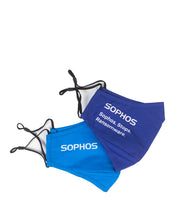 royal and navy blue face masks with white Sophos logo and navy mask featuring "Sophos. Stops. Ransomware."