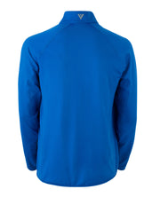 blue long sleeve quarter zip down with white sophos text logo on left chest-back view