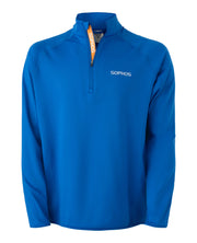 blue long sleeve quarter zip down with white sophos text logo on left chest-front view
