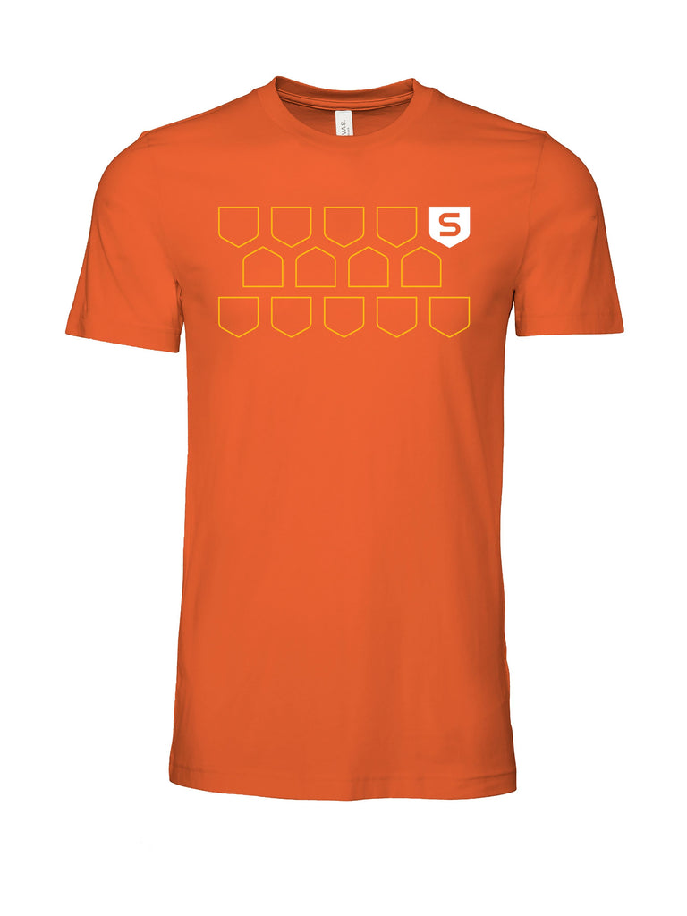bright orange shirt with light orange open multi-shield design with S shield