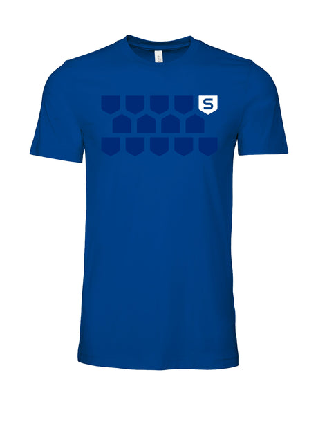 blue shirt with filled in multi-shield design with S shield
