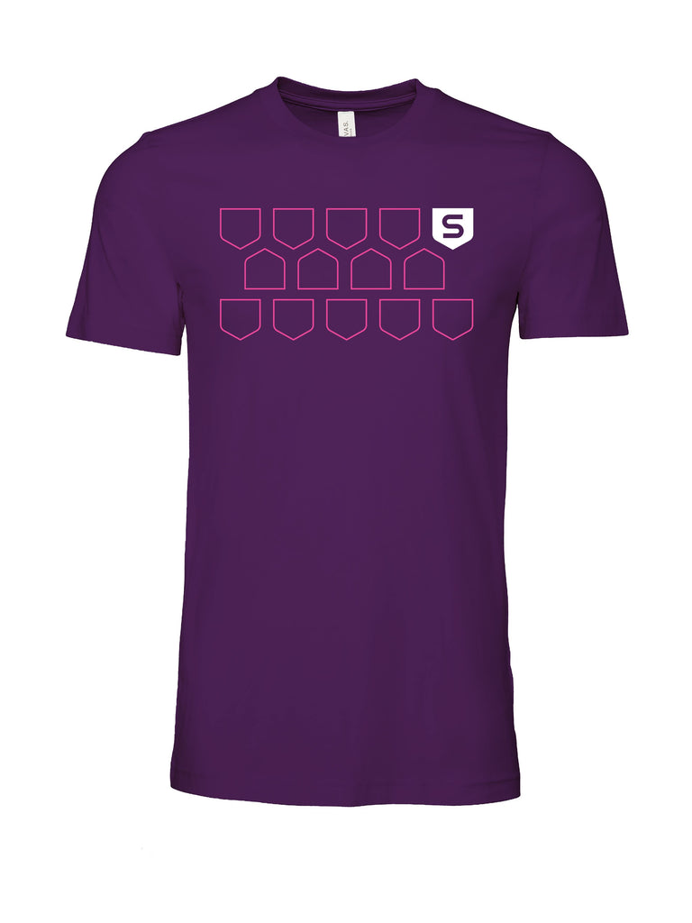 purple shirt with light purple open multi-shield design with S shield