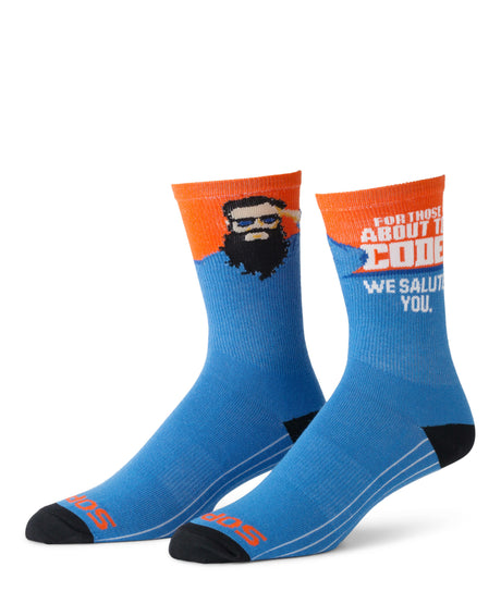 orange and blue socks with "for those about to code, we salute you" white text and man with beard and sunglasses saluting design