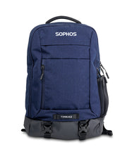 navy blue backpack with white sophos text -front view