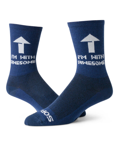 navy socks with white arrow pointing up and "I'm with awesome" text 
