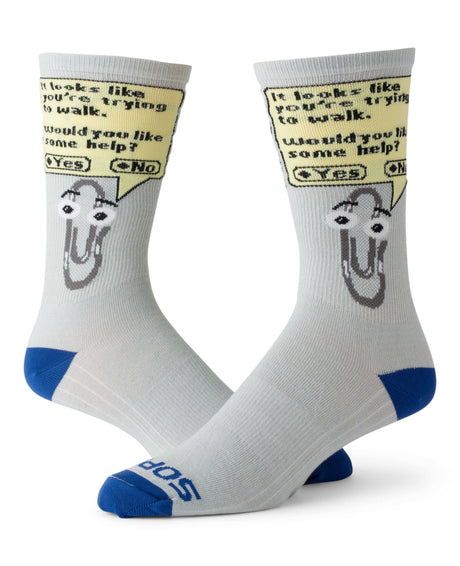 grey socks with Clippy paperclip character and text design