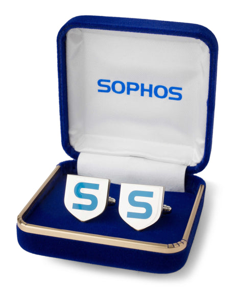 silver shield cufflinks with blue S in blue case with blue sophos logo