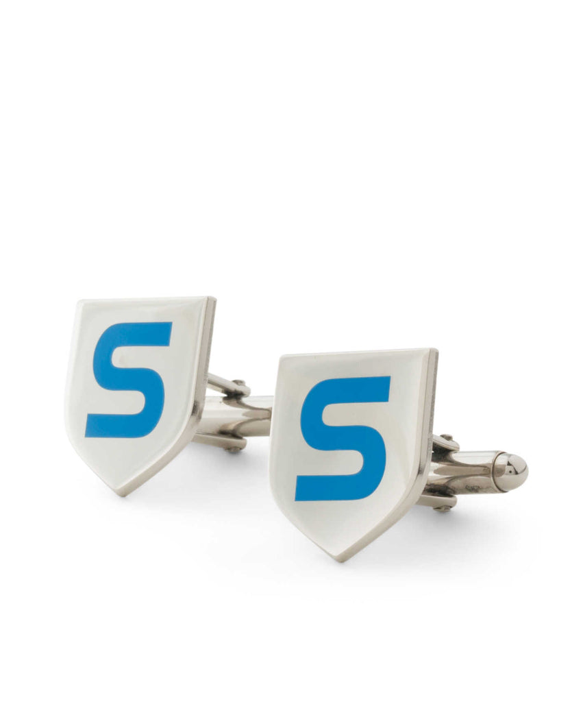 silver S shield cufflinks with blue S 