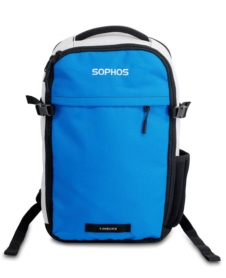 blue, white and black backpack with white Sophos text logo-front view