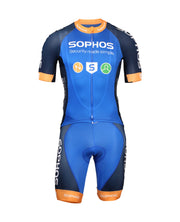 blue black and orange cycling shirt with sophos logos-front view over cycling bib