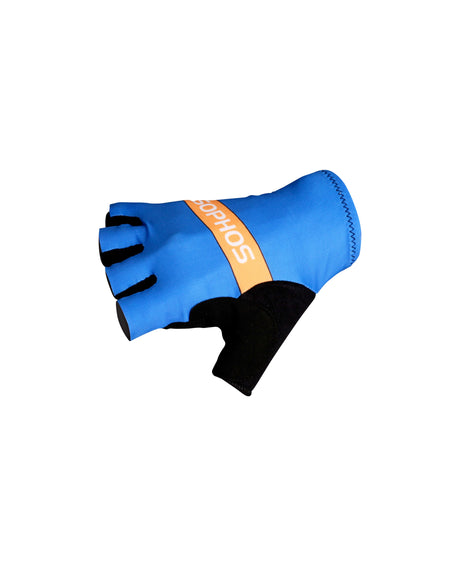 blue, black and orange cycling glove with white sophos logo
