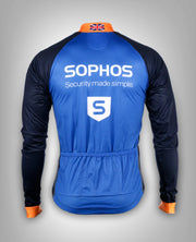 blue black orange long sleeve cycling jacket with sophos logos - back  view