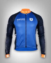 blue black orange long sleeve cycling jacket with sophos logos - front view