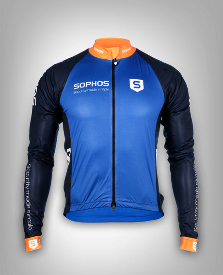 blue black orange long sleeve cycling jacket with sophos logos - front view