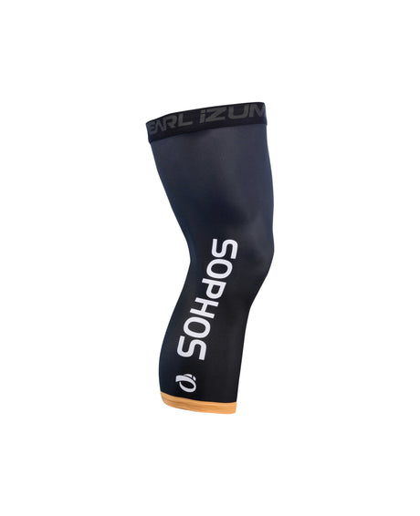 black knee warmer with white sophos text logo
