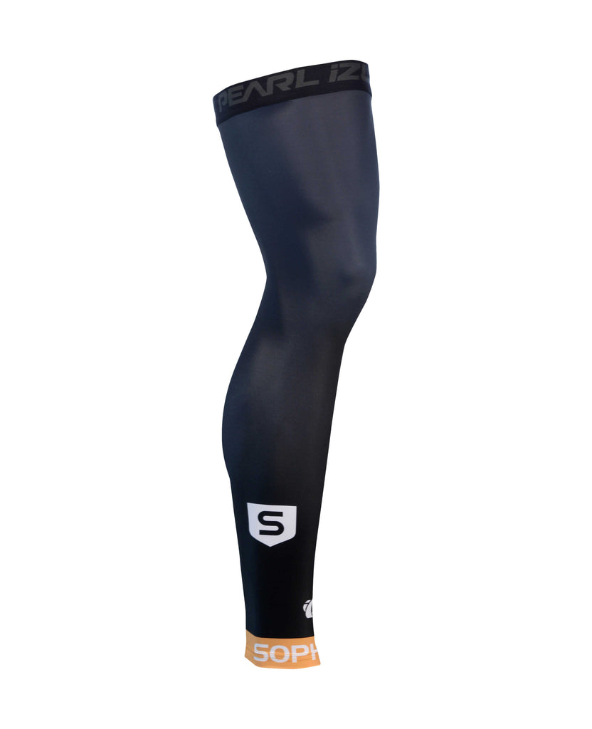 black leg warmer with white S shield logo