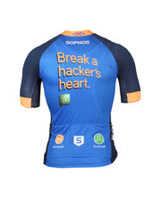 blue black and orange cycling shirt with sophos logos-back view
