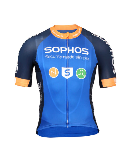 blue black and orange cycling shirt with sophos logos-front view