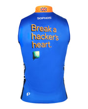 blue and orange cycling vest with sophos logos-back view