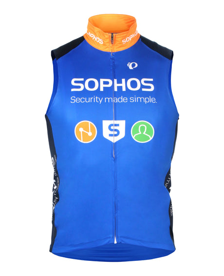 blue and orange cycling vest with sophos logos-front view