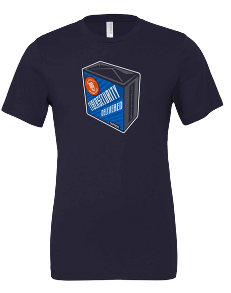 navy shirt with "drama free cybersecurity delivered" text on box design on chest