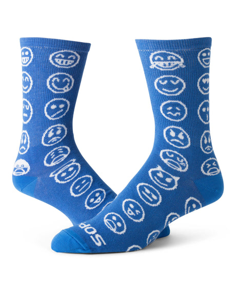 blue socks with various white emoticon designs