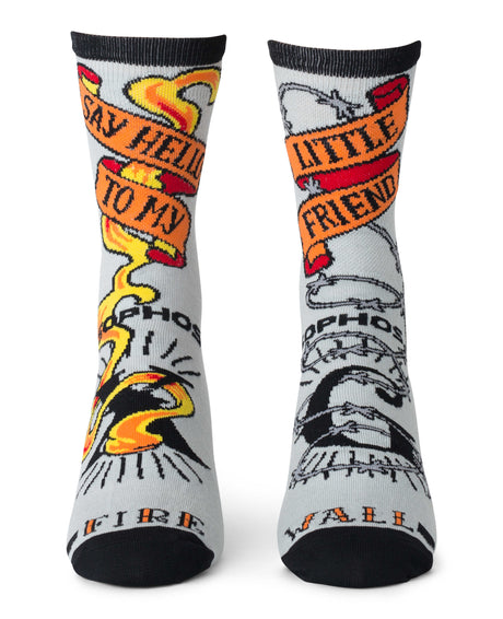 grey socks with firewall tattoo design
