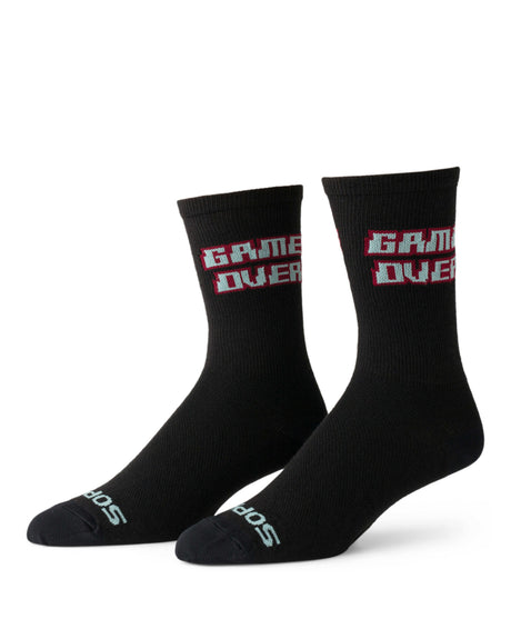 black socks with game over video game text design