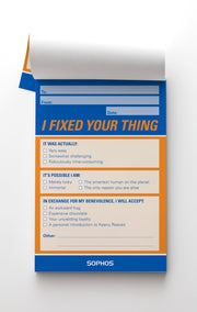 blue and orange notepad with "I fixed your thing" text