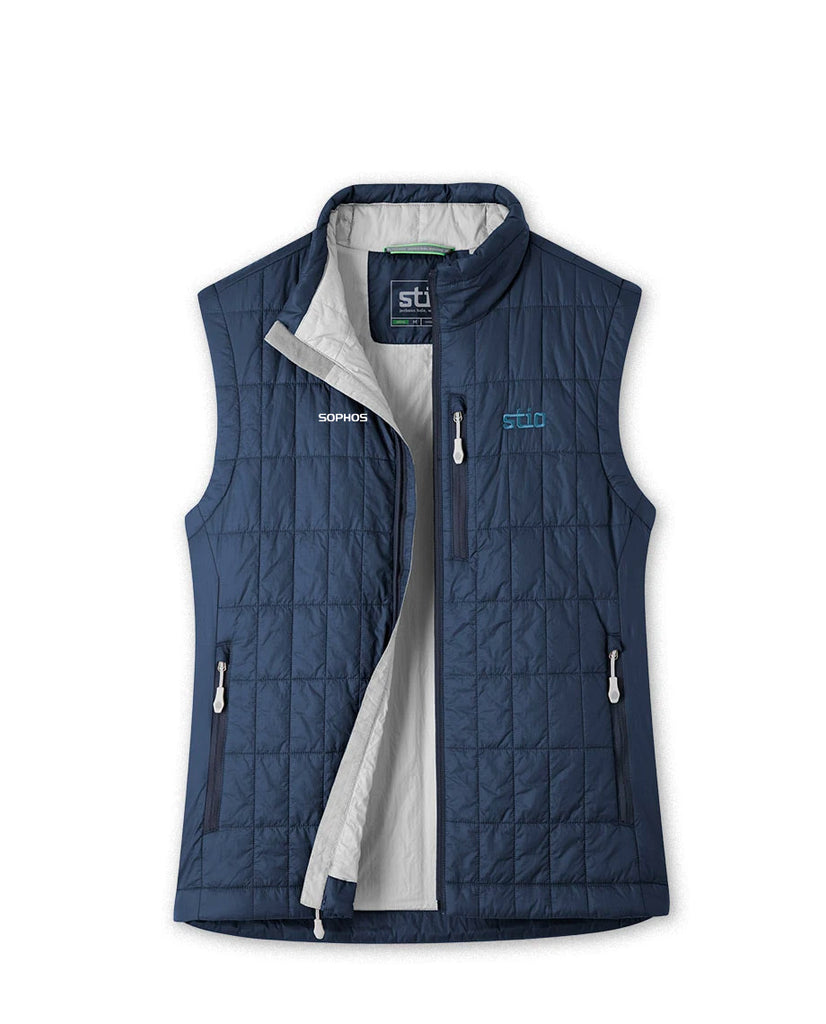 navy blue Stio puffy vest with white Sophos text logo on right chest