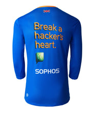 back view of blue quarter sleeve mountain bike shirt with sophos logos on chest and sleeves