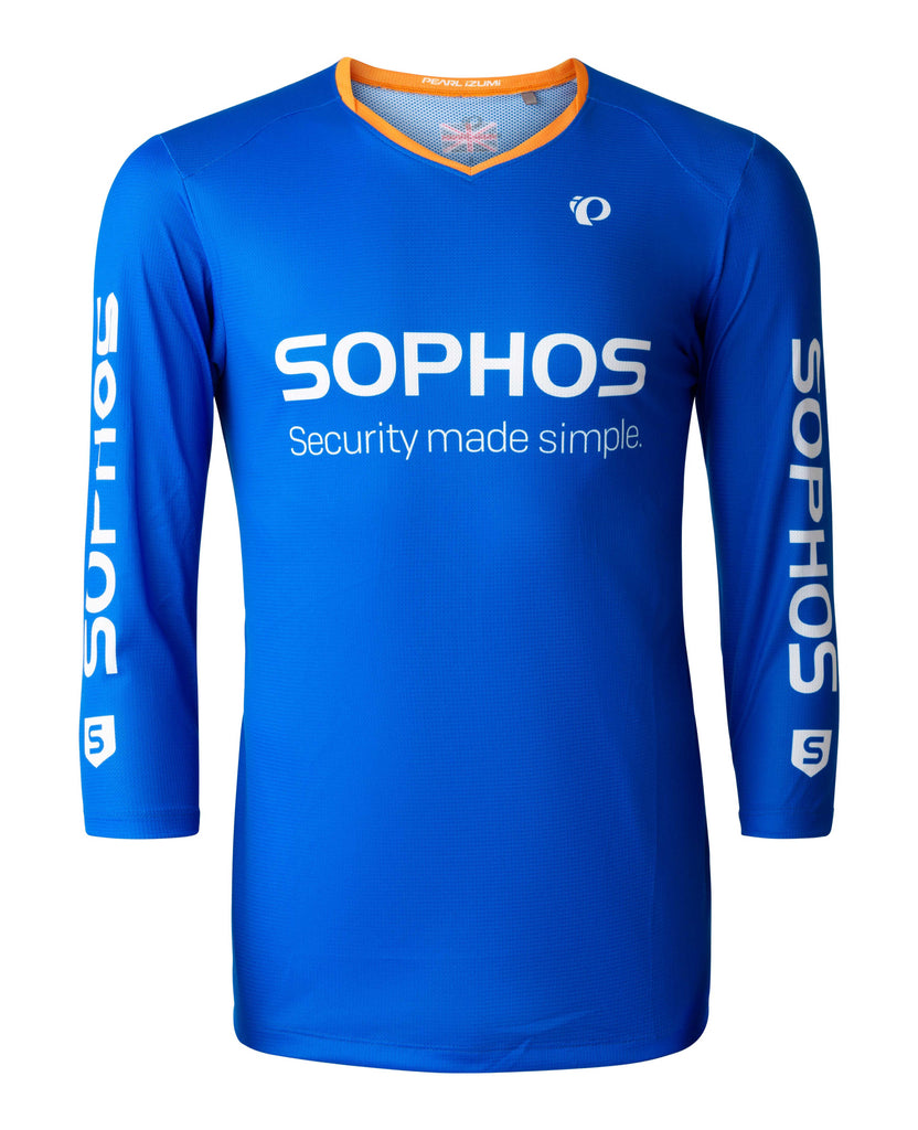 blue quarter sleeve mountain bike shirt with sophos logos on chest and sleeves
