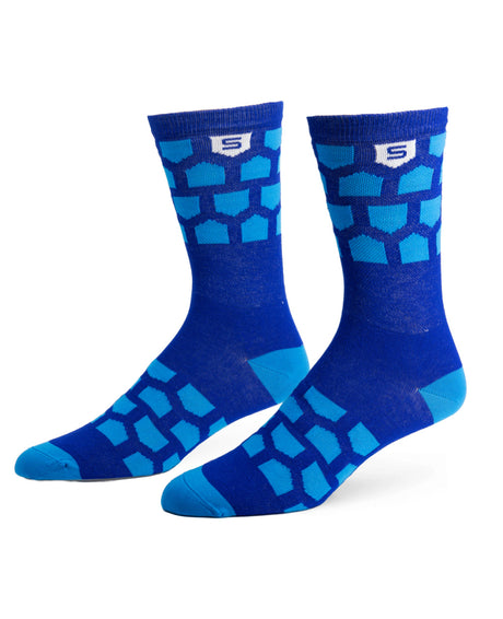 blue socks with light blue multi shield design