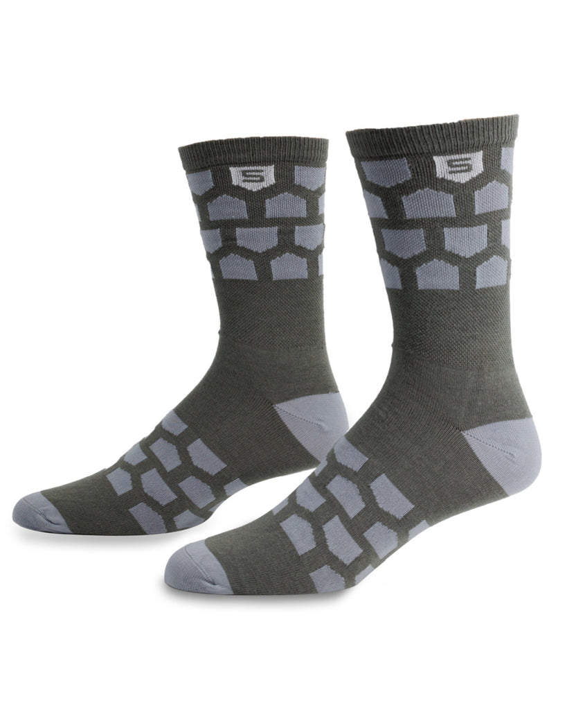 grey socks with light grey multi shield design