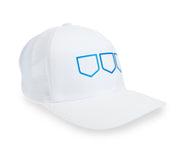white trucker golf hat with three blue open multi shields on front panel - side view 