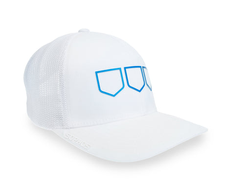 white trucker golf hat with three blue open multi shields on front panel - side view 