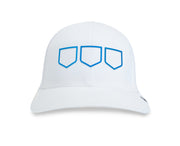 white trucker golf hat with three blue open multi shields on front panel - front view 