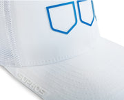 white trucker golf hat with three blue open multi shields on front panel - close up view of sophos logo on bill