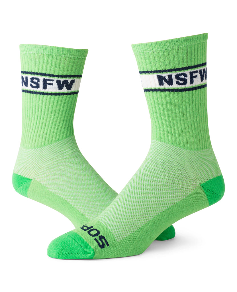 green socks with "NSFW" text design
